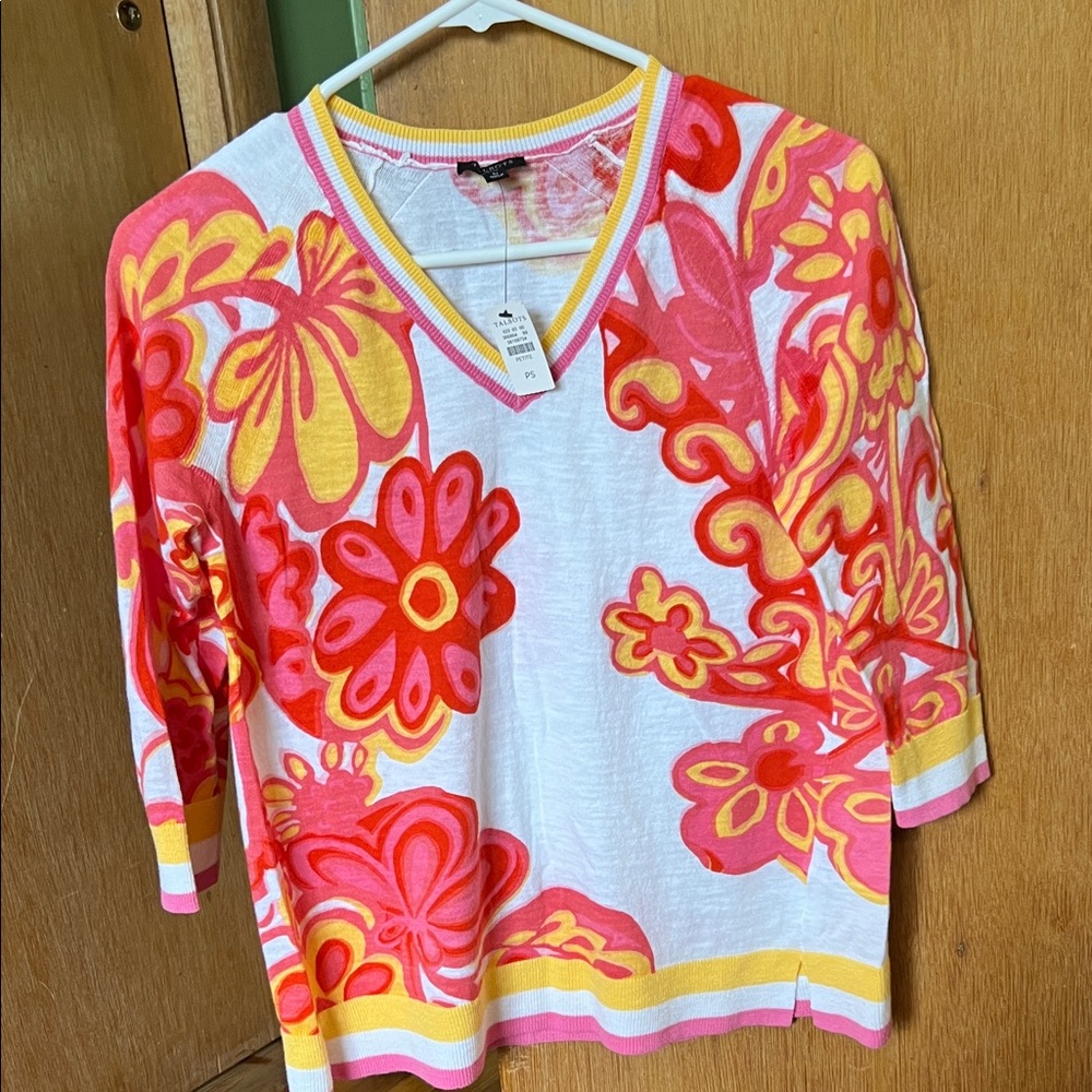 Talbots White Sweater Top with Pink and Yellow Floral Print